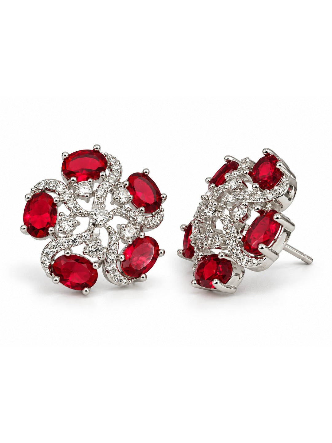 Red Oval Stone Floral Stud Earrings in silver plating
