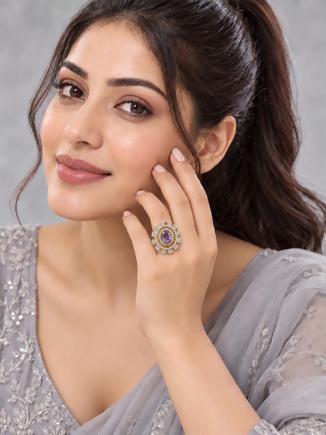 Lavender Center Stone Baguette Halo Ring - Gold Plated