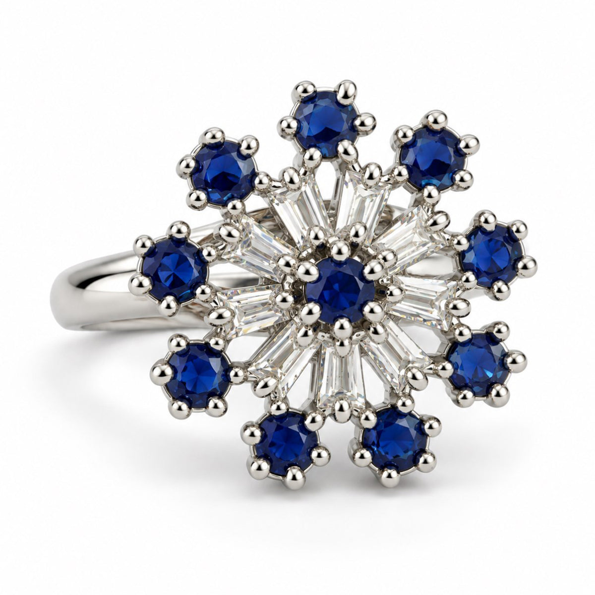 Blue Floral Starburst Ring - Silver Plated