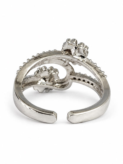 Clear Twin Flower Bypass Ring - Silver Plated