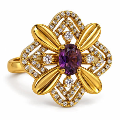 Purple Stone Four Petal Floral Ring - Gold Plated, product view