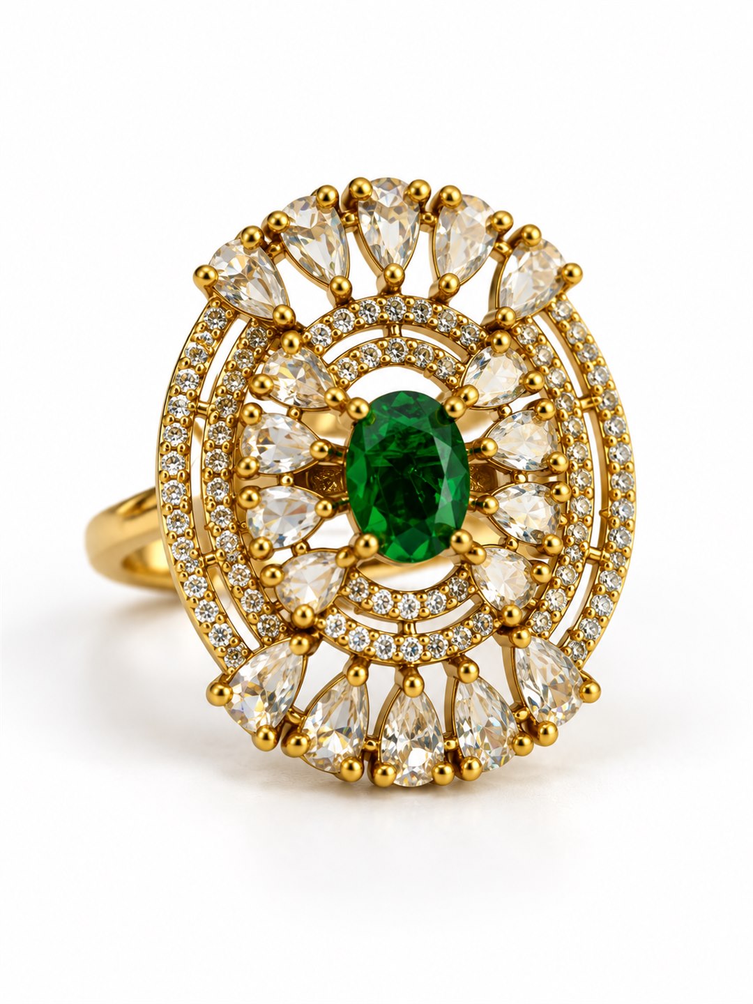 Green Stone Oval Teardrop Halo Ring - Gold Plated, additional view 1