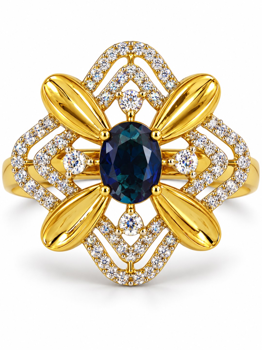 Blue Center Stone Four-Petal Floral Ring - Gold Plated