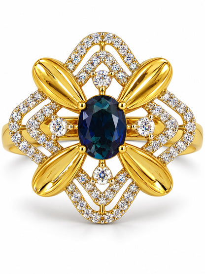 Blue Center Stone Four-Petal Floral Ring - Gold Plated