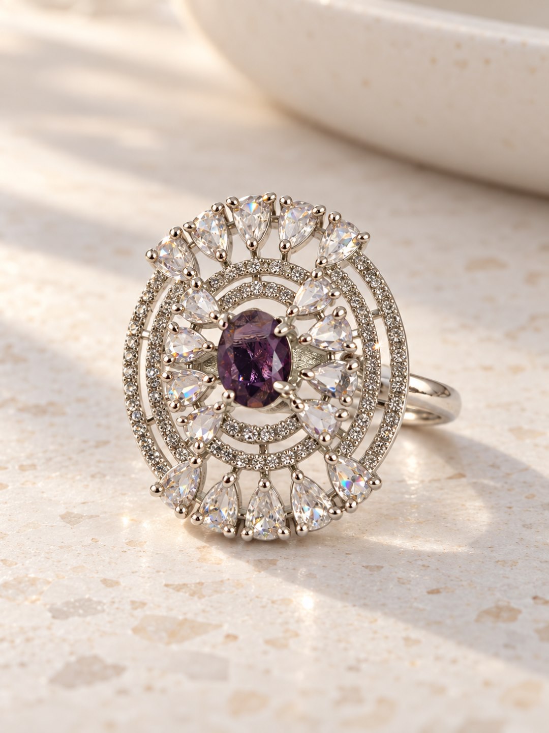Purple Oval Center Halo Ring - Silver Plated - alternate view