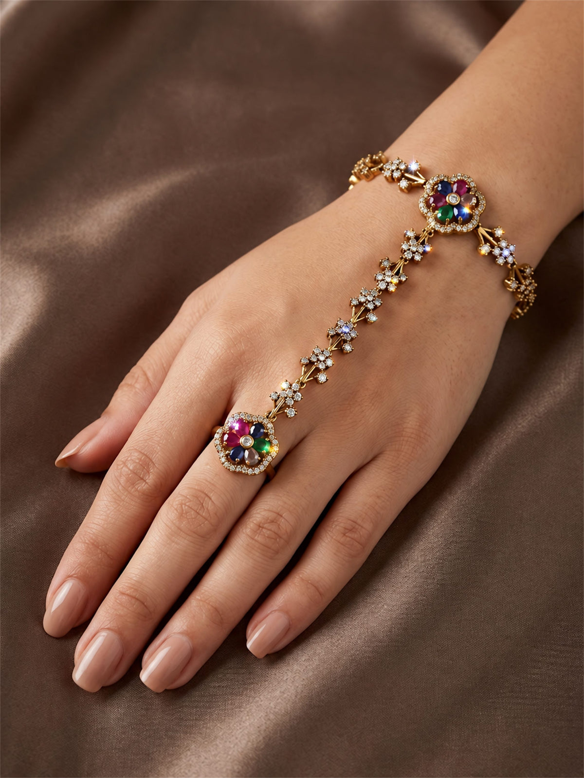 Multicolor Floral Marquise-Stone Chain Hathphool - Mehndi Plated worn on hand