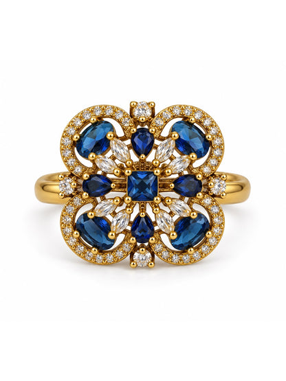 Blue Stone Four Leaf Clover Cluster Ring - Gold Plated, additional view 4