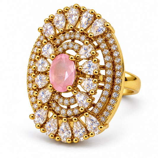 Pink Stone Oval Teardrop Halo Ring - Gold Plated, product view