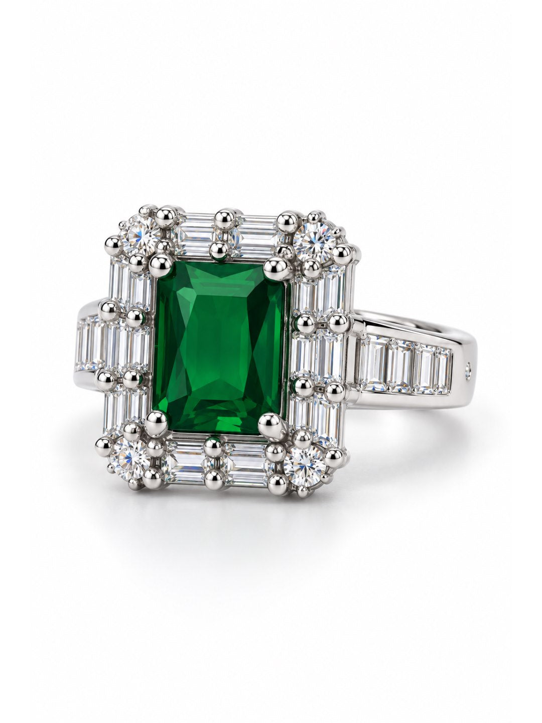 Green Center Stone Baguette Halo Ring - Silver Plated product image