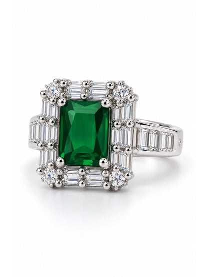 Green Center Stone Baguette Halo Ring - Silver Plated product image