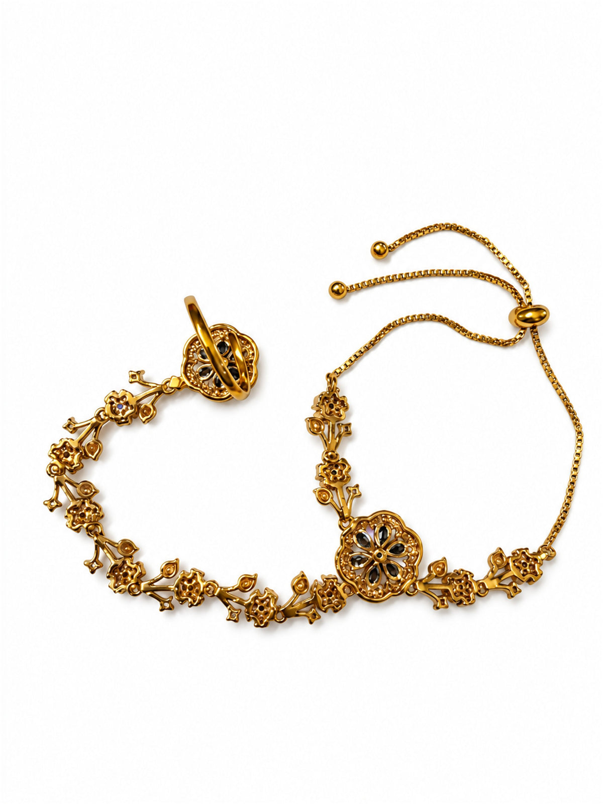 Purple Floral Marquise-Stone Chain Hathphool - Mehndi Plated