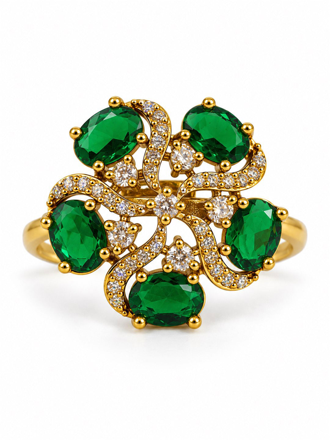 Green Stone Five Petal Swirl Ring - Gold Plated, additional view 4
