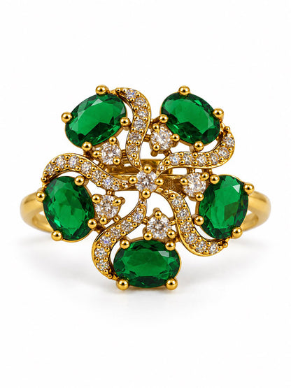 Green Stone Five Petal Swirl Ring - Gold Plated, additional view 4