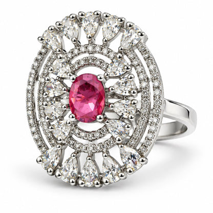 Red Oval Center Halo Ring - Silver Plated - product view