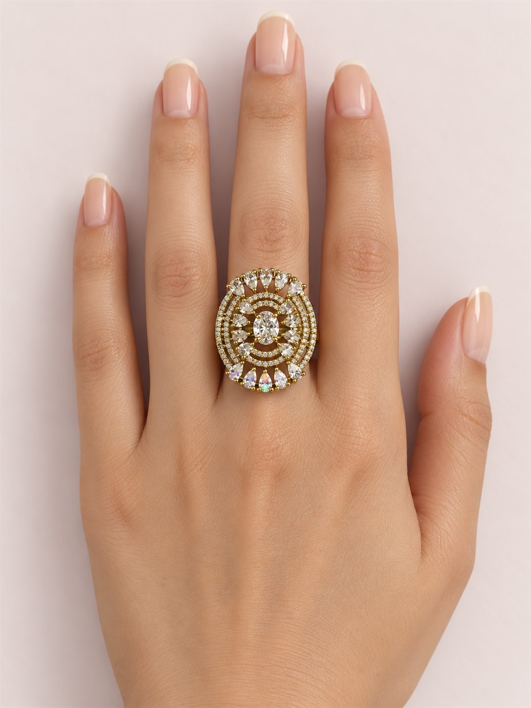 Clear Stone Oval Teardrop Halo Ring - Gold Plated, model close-up