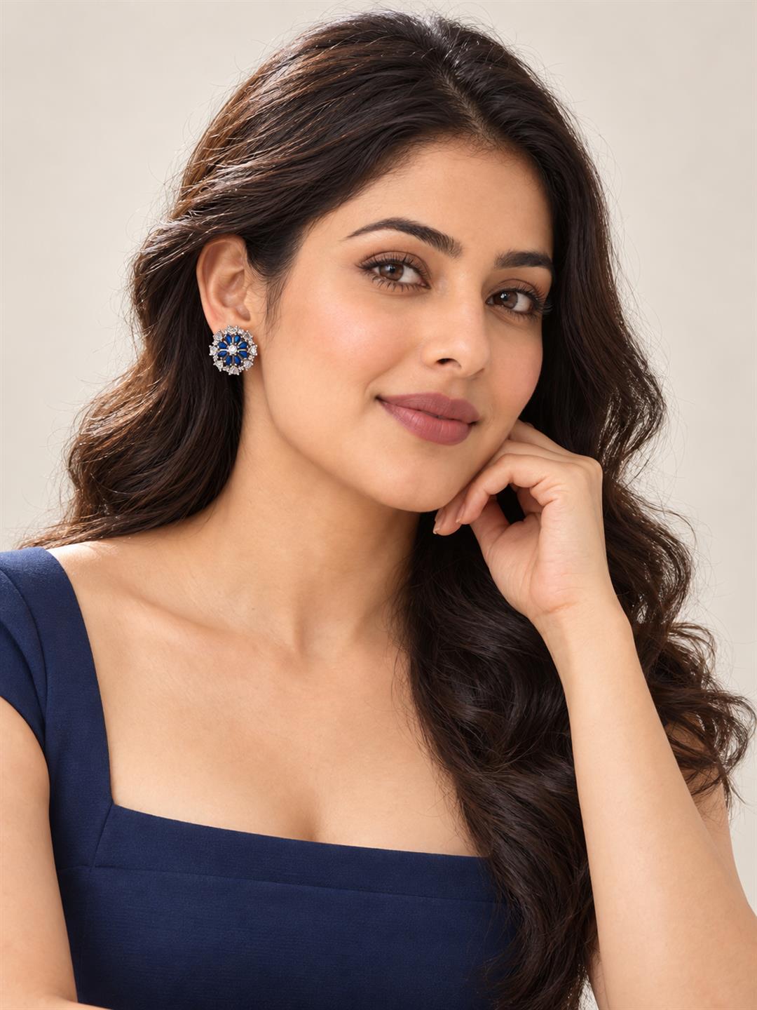 Blue heart-petal flower silver-plated stud earrings