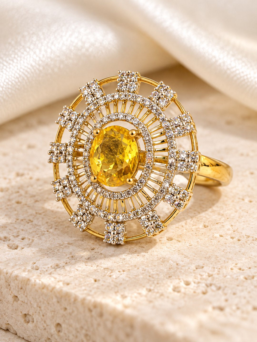 Yellow Center Stone Baguette Halo Ring - Gold Plated