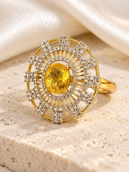Yellow Center Stone Baguette Halo Ring - Gold Plated