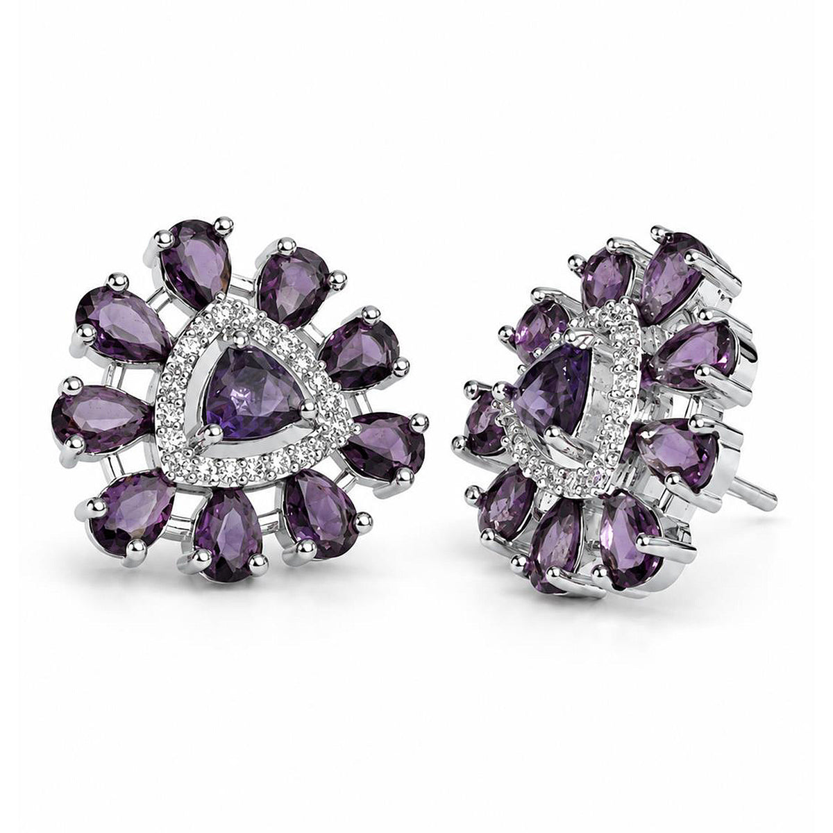 Purple triangle center floral halo silver-plated stud earrings