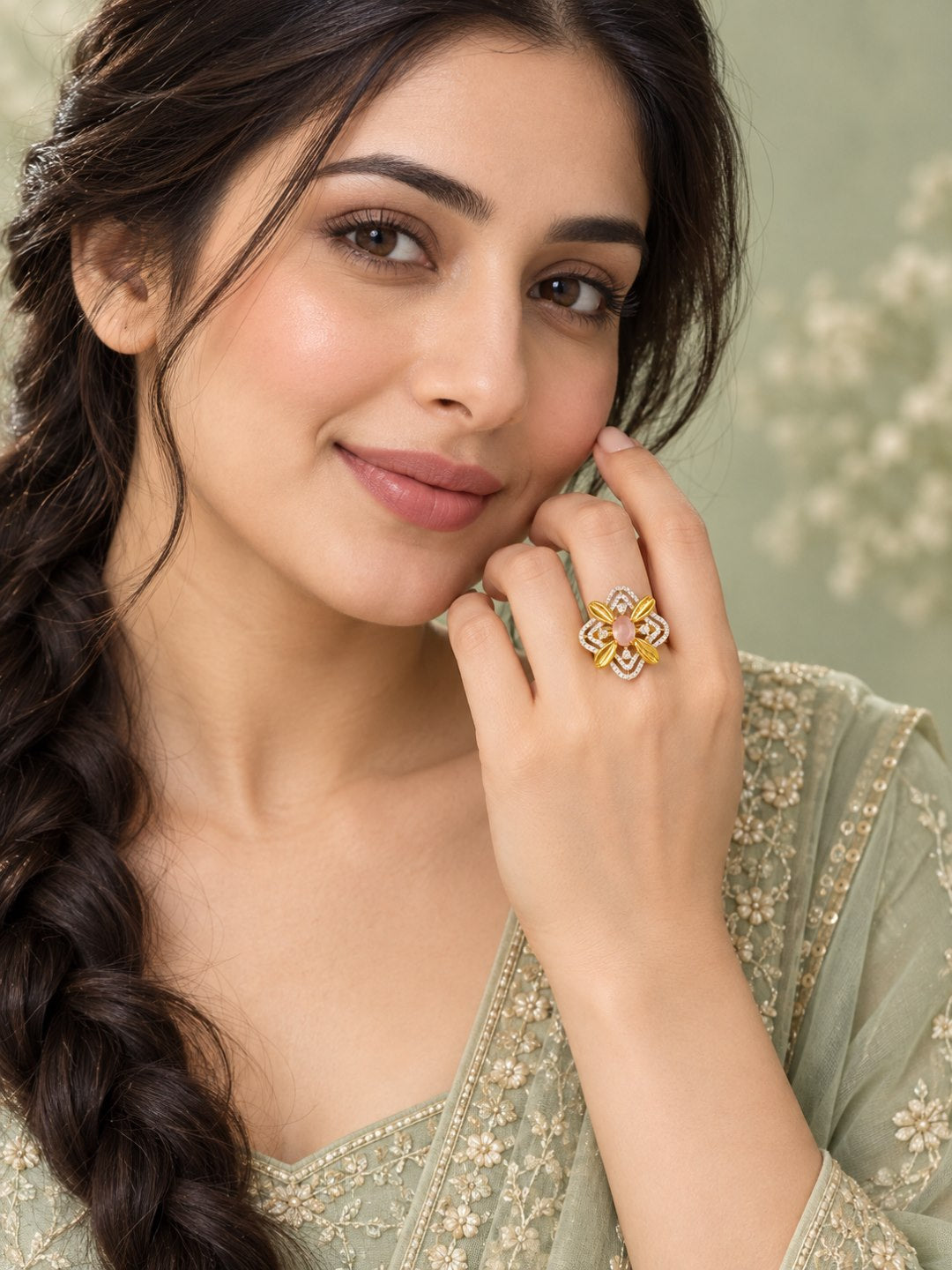 Pink Center Stone Four-Petal Floral Ring - Gold Plated
