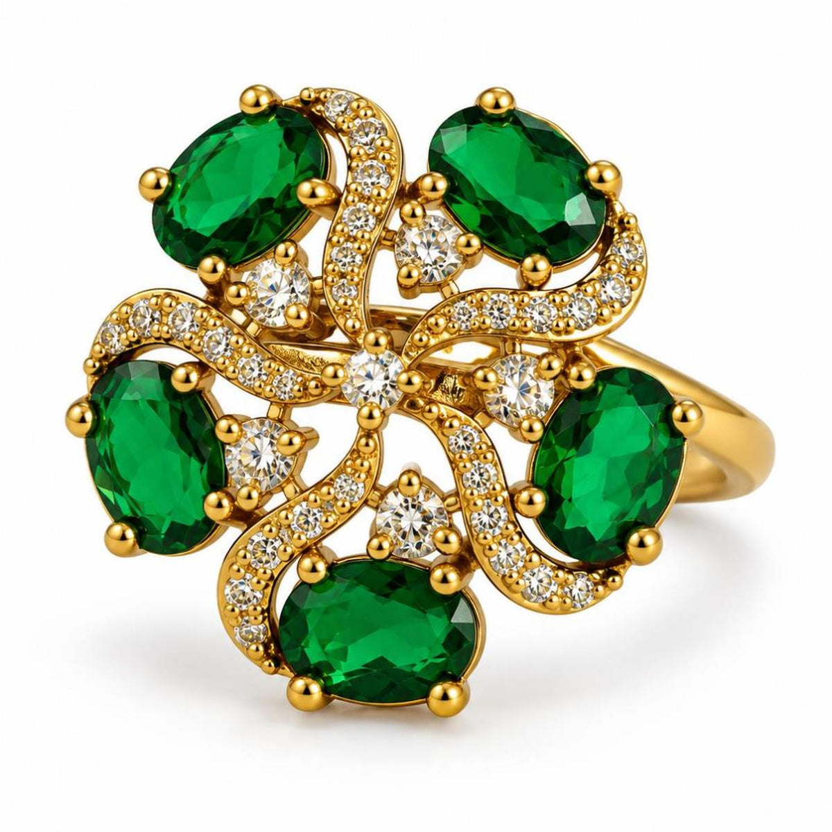 Green Stone Five Petal Swirl Ring - Gold Plated, product view