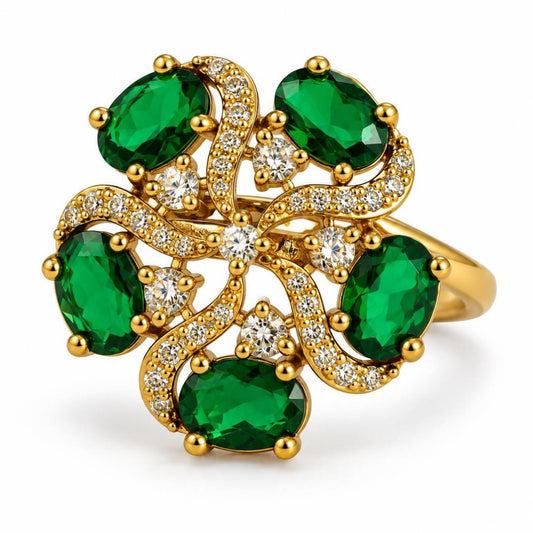 Green Stone Five Petal Swirl Ring - Gold Plated, product view