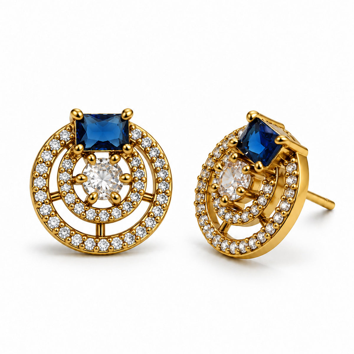 Blue Stone Double Halo Stud Earrings, gold plated