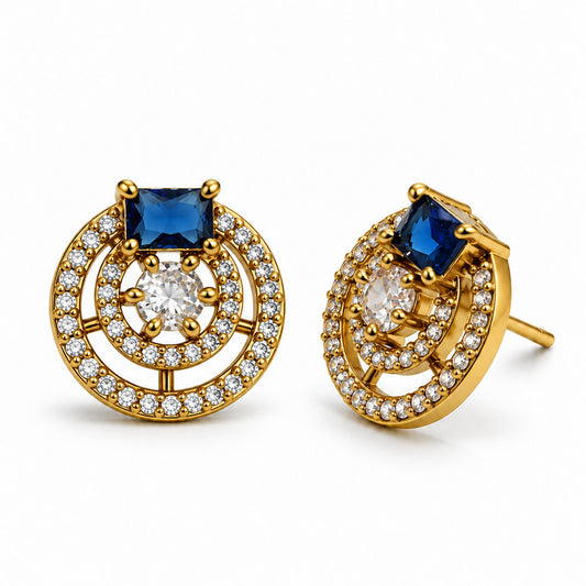 Blue Stone Double Halo Stud Earrings, gold plated