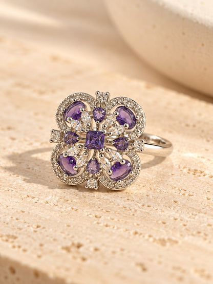 Purple Square Center Quatrefoil Ring - Silver Plated - alternate view