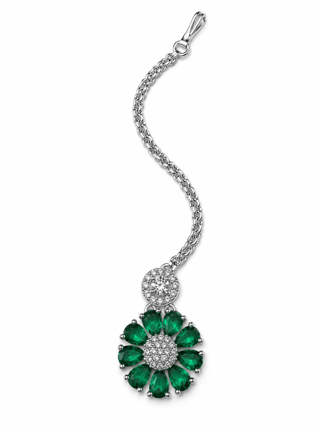 Green Teardrop Floral Maang Tikka - Silver Plated, additional view 2