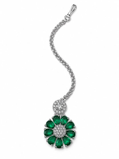 Green Teardrop Floral Maang Tikka - Silver Plated, additional view 2