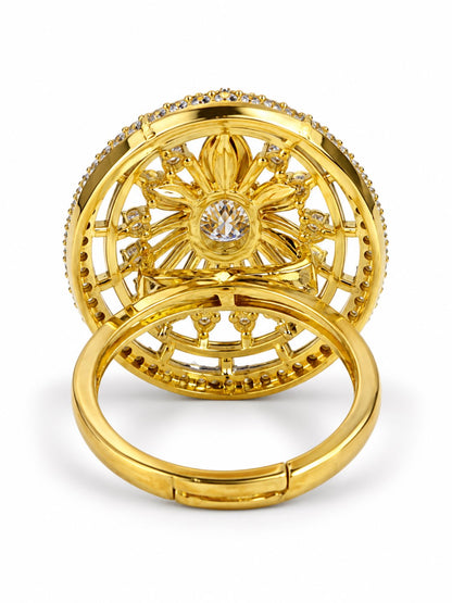 White Center Stone Oval Sunburst Ring - Gold Plated