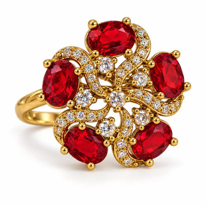 Red Stone Five Petal Swirl Ring - Gold Plated, product view
