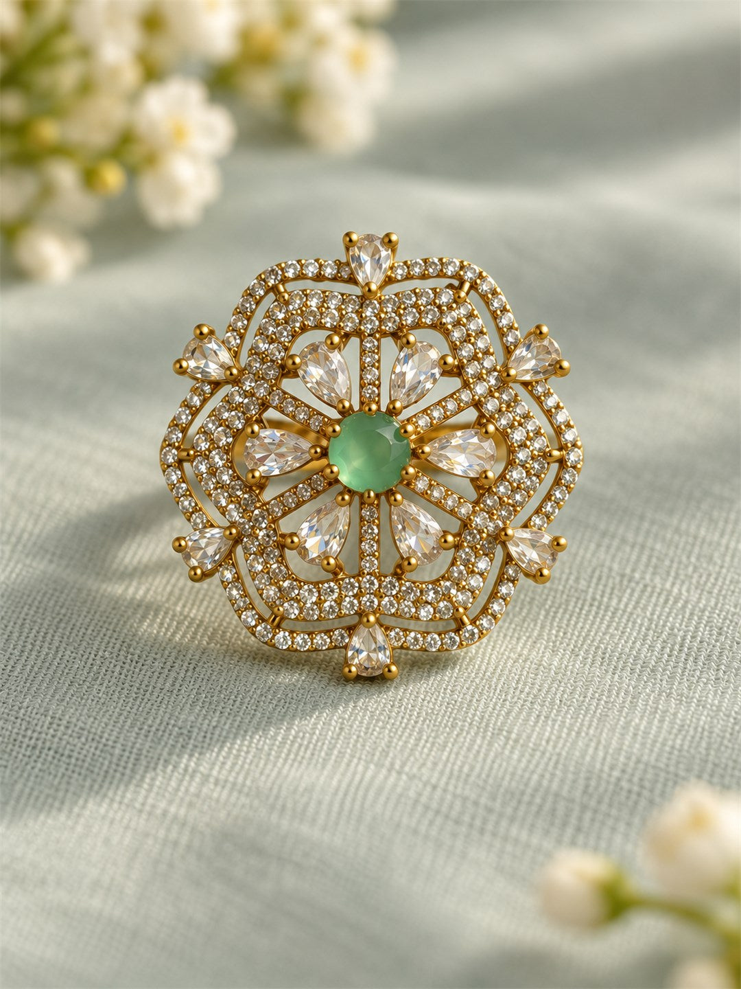 Mint Green Stone Scalloped Floral Halo Ring - Gold Plated, additional view 3
