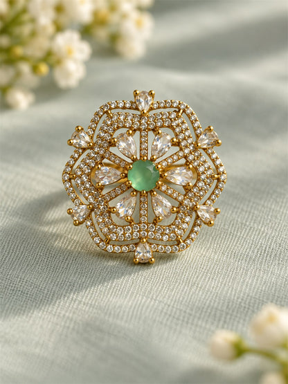 Mint Green Stone Scalloped Floral Halo Ring - Gold Plated, additional view 3