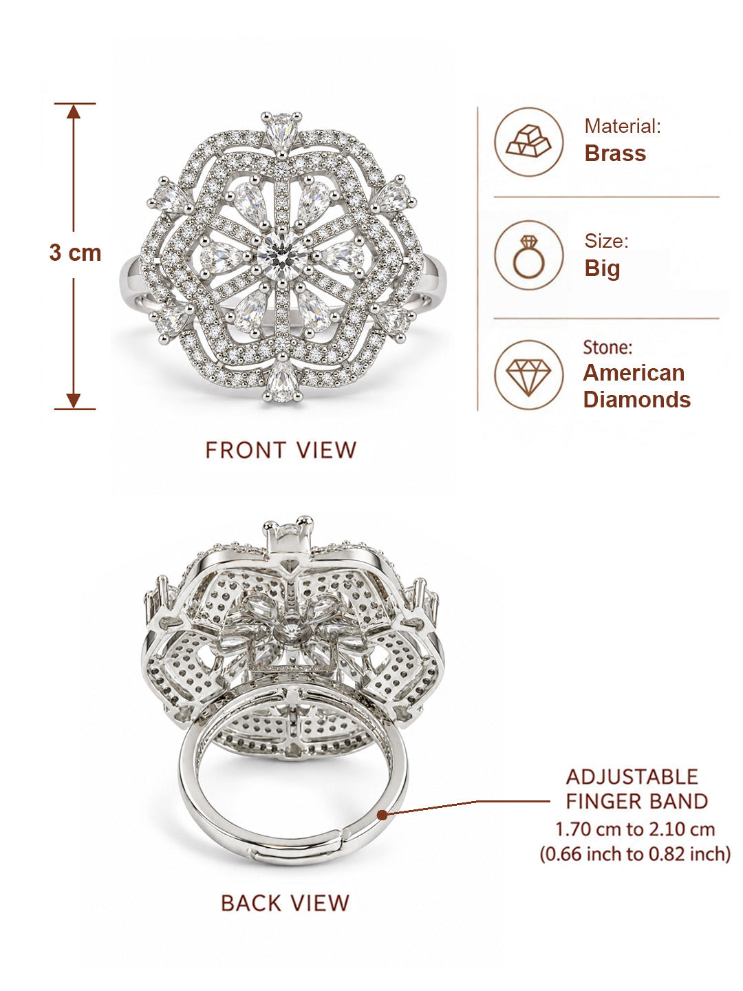 Clear Round Center Geometric Flower Ring - Silver Plated - alternate view
