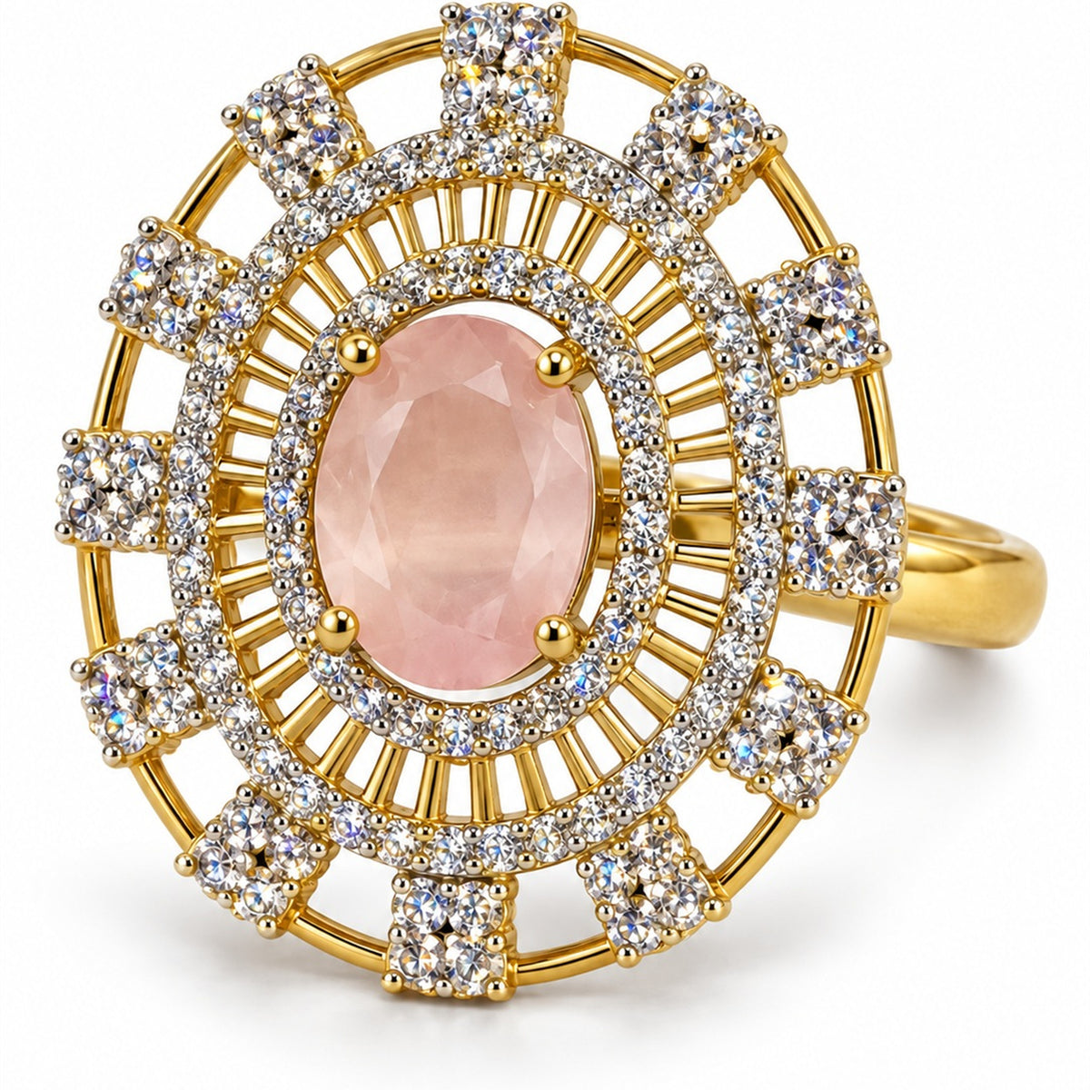 Pink Center Stone Baguette Halo Ring - Gold Plated