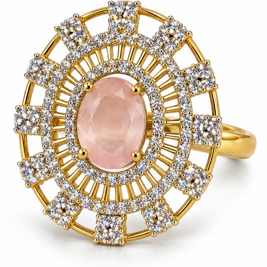 Pink Center Stone Baguette Halo Ring - Gold Plated