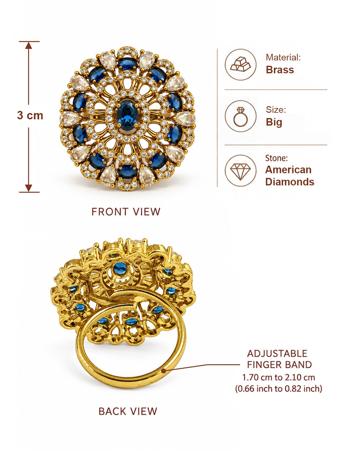 Blue Stone Ornate Floral Cluster Ring - Gold Plated, additional view 6