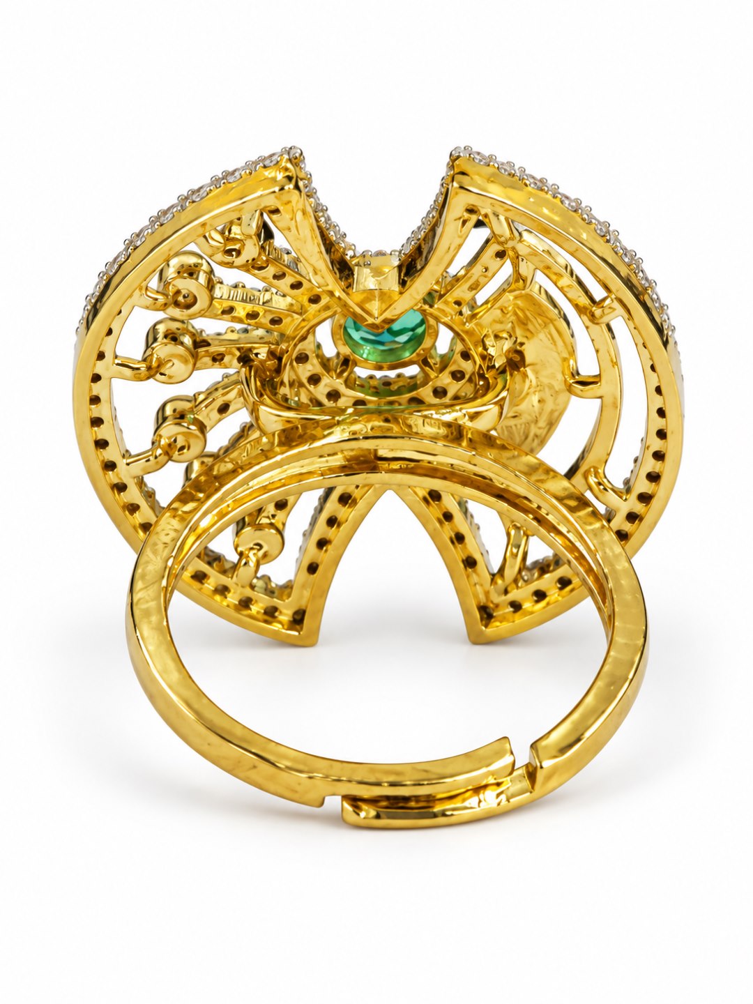 Sea Green Center Stone Fan Motif Ring - Gold Plated