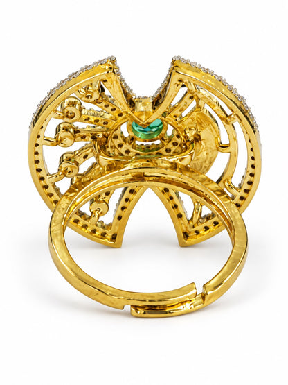 Sea Green Center Stone Fan Motif Ring - Gold Plated