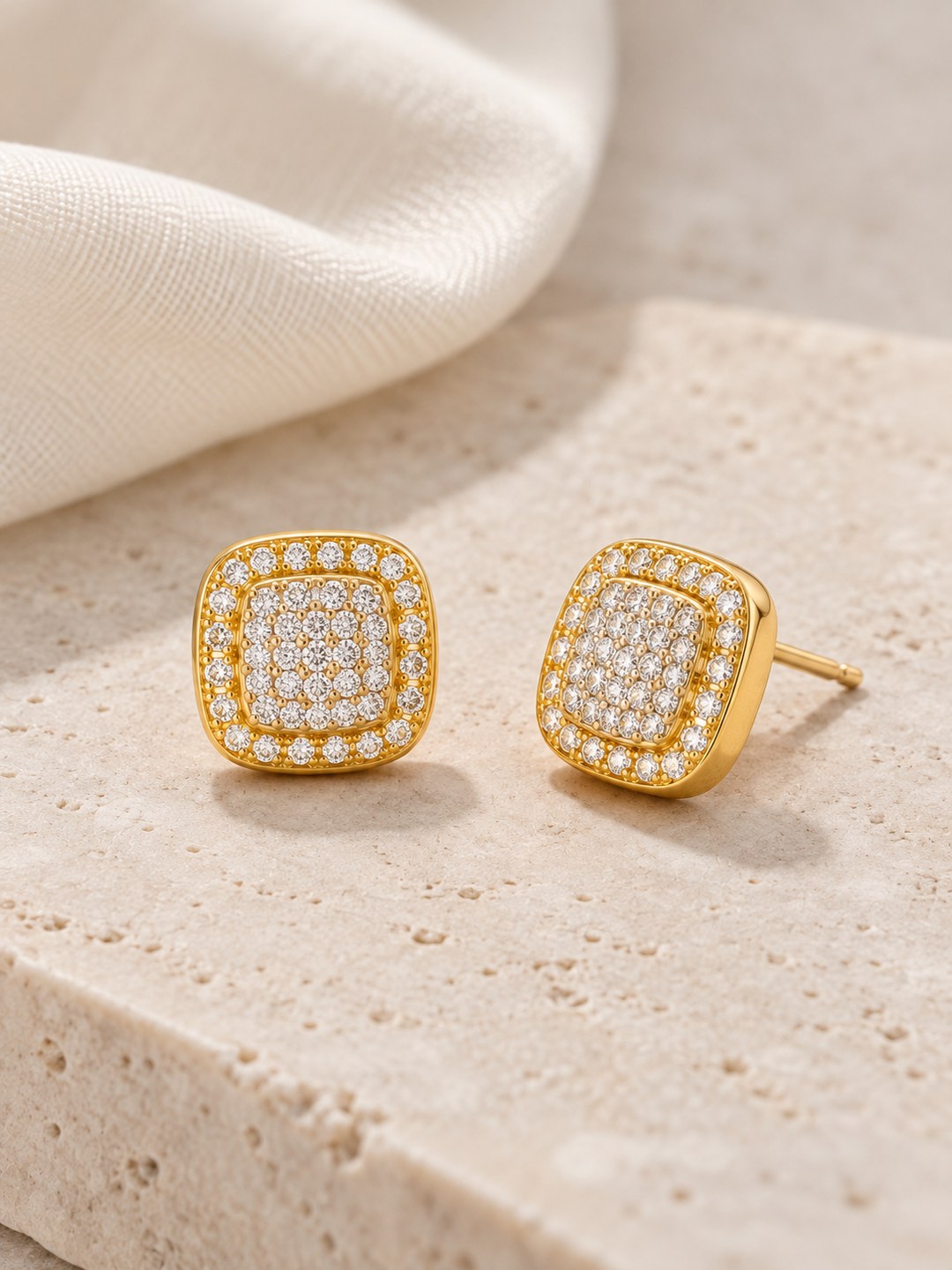 Clear Pave Cushion Stud Earrings - Gold Plated, additional view 3