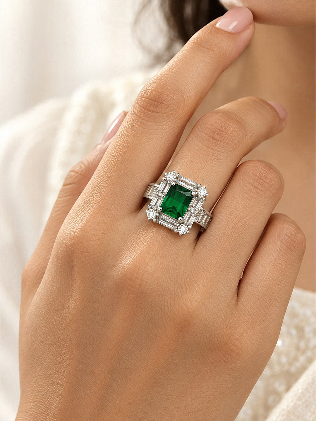 Green Center Stone Baguette Halo Ring - Silver Plated product image