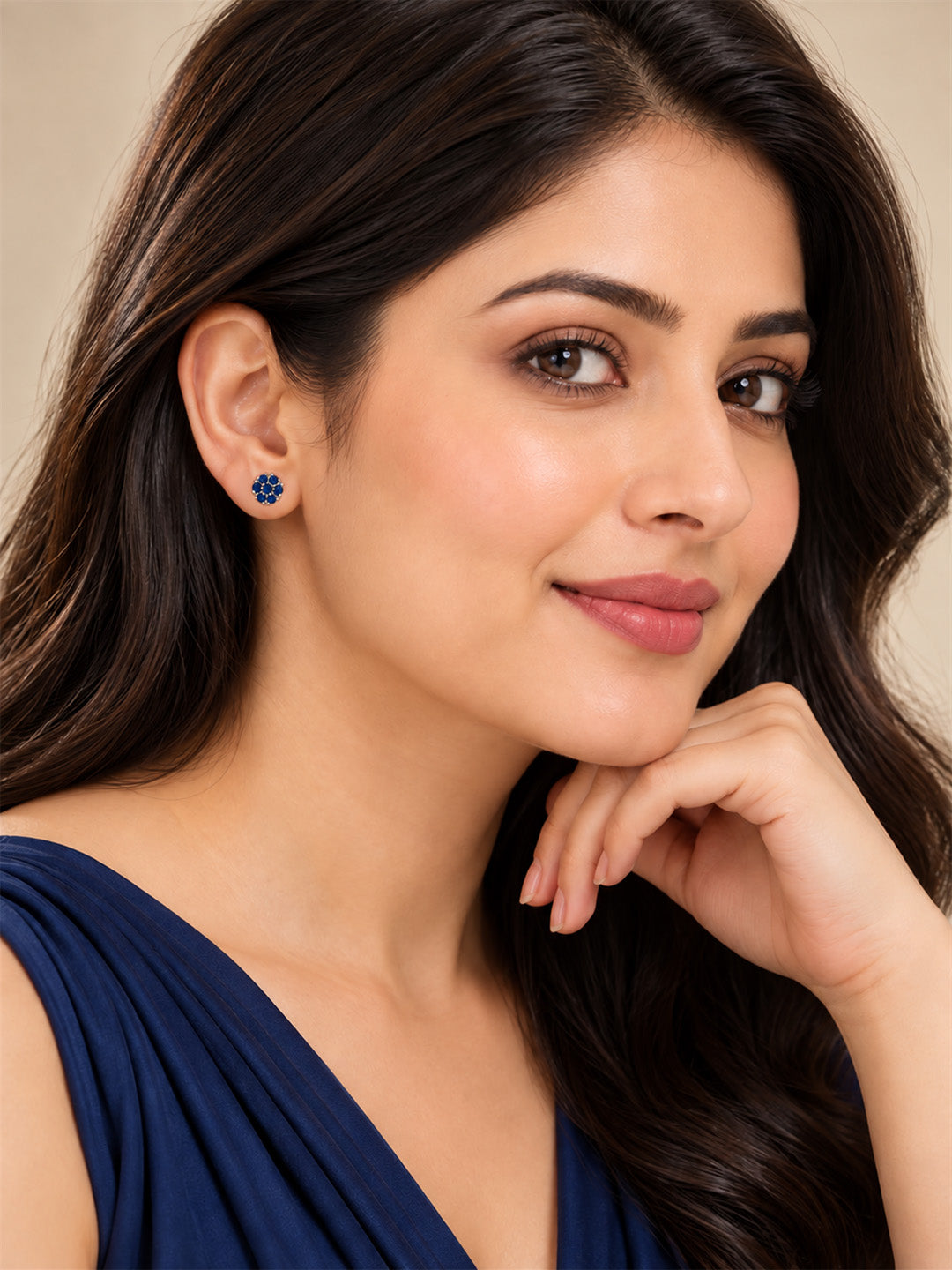 Blue Stone Floral Cluster Stud Earrings, silver plated, worn on model