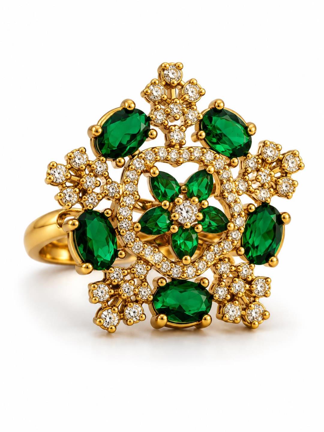 Green Stone Floral Cross Cluster Ring - Gold Plated, additional view 1