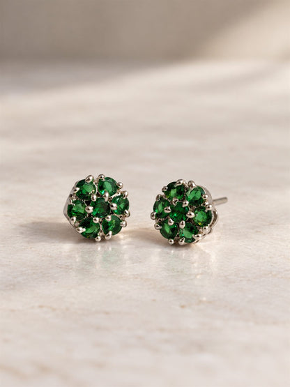 Green Stone Floral Cluster Stud Earrings, silver plated, lifestyle view