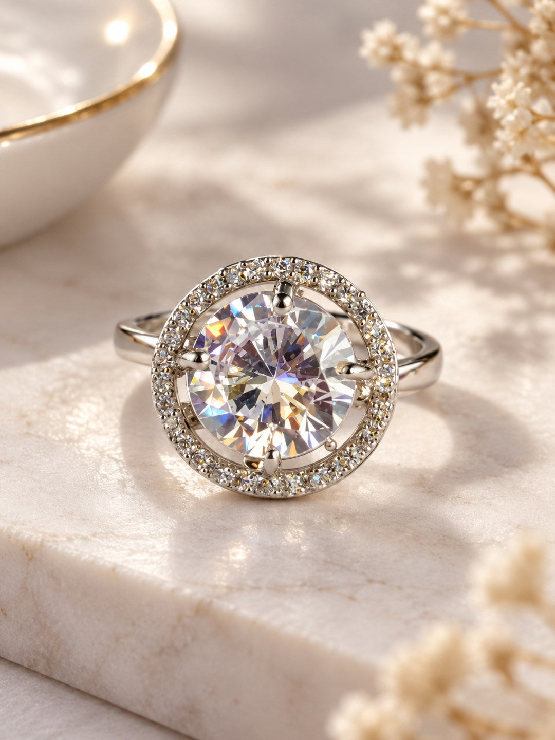 Clear Round Solitaire Halo Ring - Silver Plated