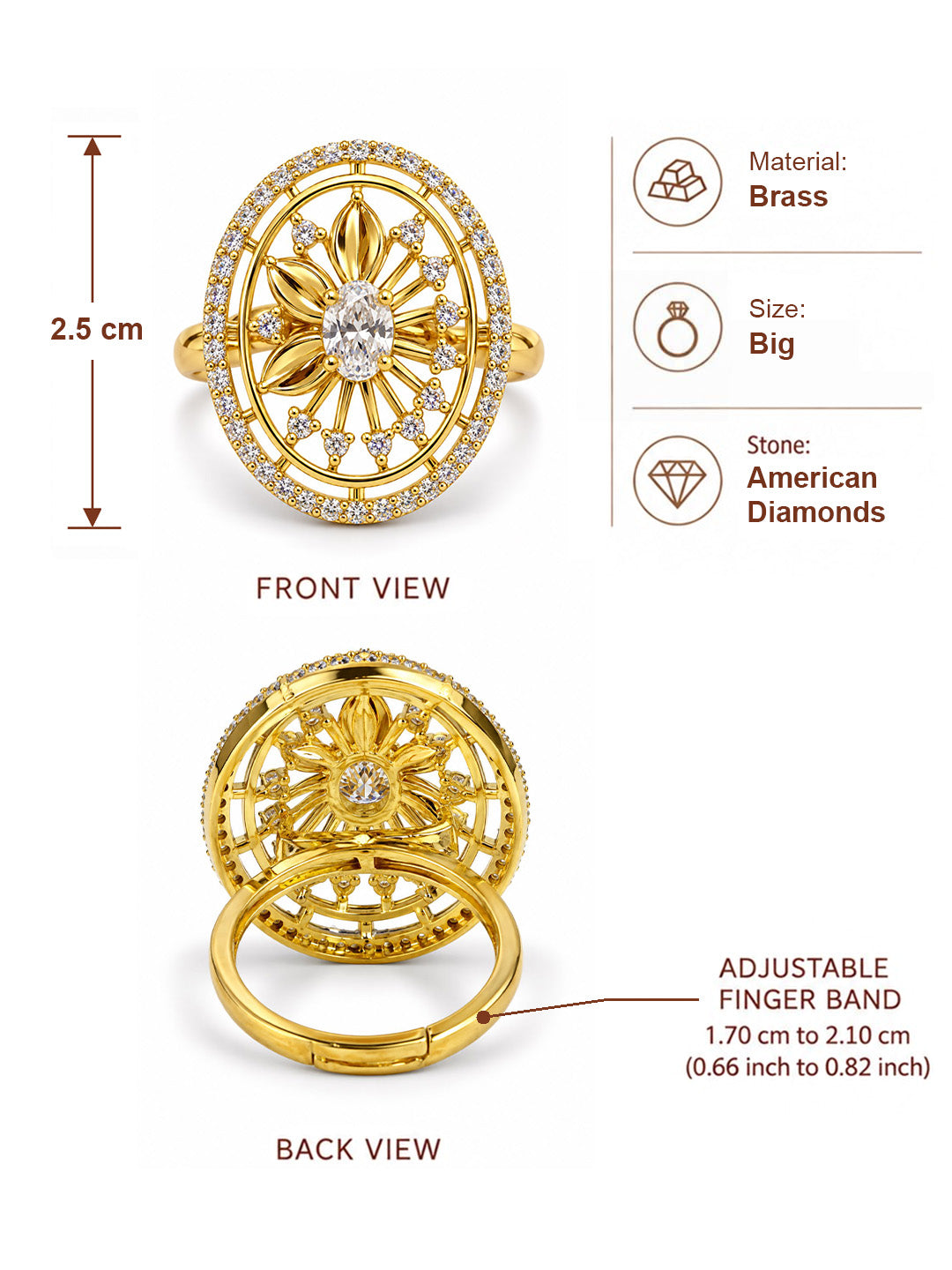 White Center Stone Oval Sunburst Ring - Gold Plated