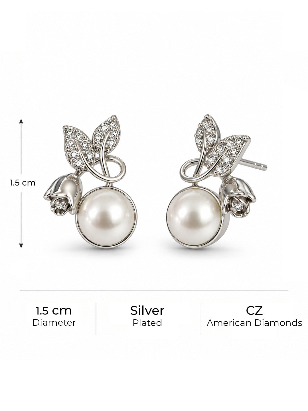 White Pearl-Effect Leaf Stud Earrings, silver plated, size and plating details