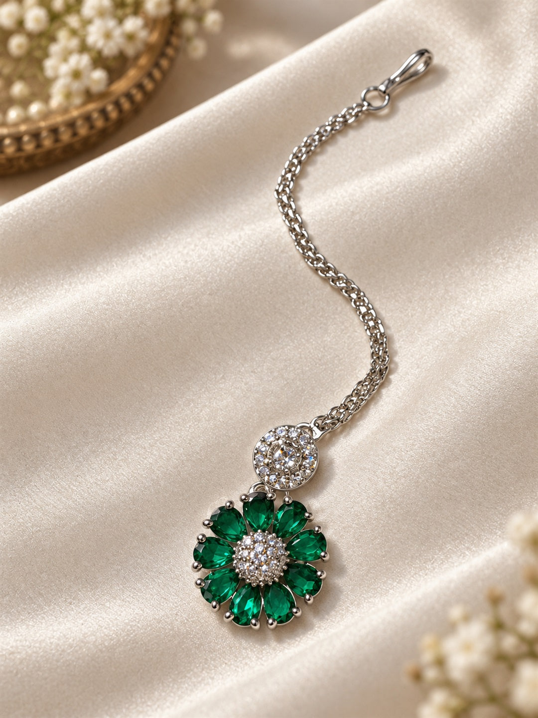 Green Teardrop Floral Maang Tikka - Silver Plated, additional view 4
